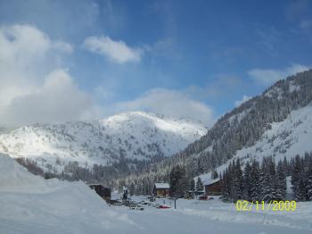 A blue sky view of Alta's Collins base from afar.