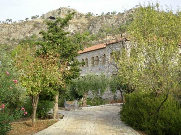 Garden paths lead up from the sea to Hotel Kalamitsi, near Kardamyli. Garden paths lead up from the sea to Hotel Kalamitsi, near Kardamyli.