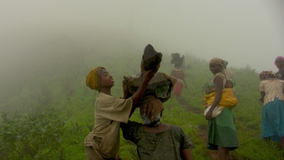 Tree trunks (for firewood) are carried up the steep mountainside, atop the women's heads